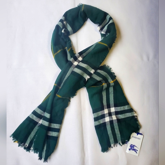 NWT$490 BURBERRY Giant Check Logo Pattern Fringed Trim Green Wool Twill Scarf - Picture 6 of 16